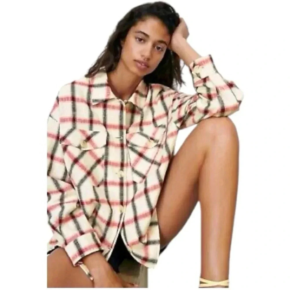 ZARA Womens Plaid Button Down Oversized Shacket Cotton Blend Jacket Size Medium